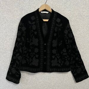 Zara Black Floral Embroidered Blazer